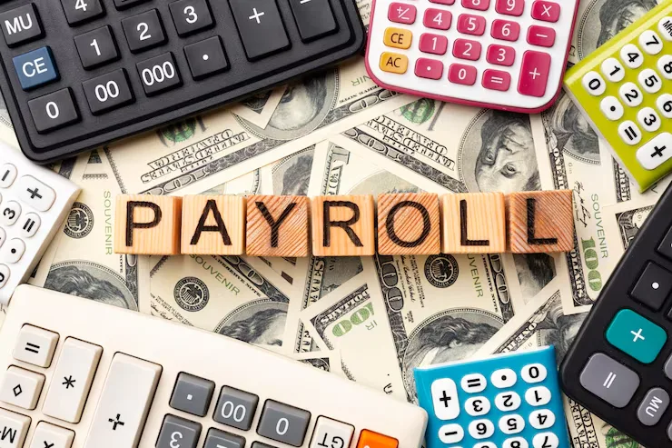 Payroll specialists processing employee wages and source deduction calculations for business records